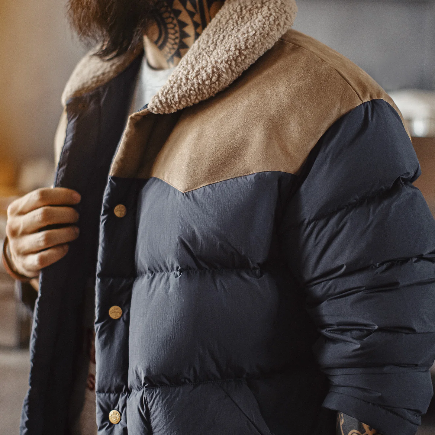 Maden الرجال خمر 90% الأبيض بطة أسفل سترة التباين الصوف طوق البخاخ الجلد المدبوغ لوحات معطف دافئ لخريف شتاء الشارع الشهير #3