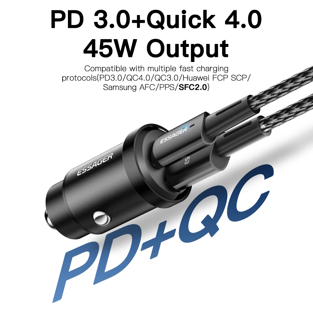 Ładowarka samochodowa Essager USB C 45W 5A Quick Charge 4.0 QC PD 3.0 SCP USB Type C Szybkie Ładowanie Dla IPhone14 13 Huawei Samsung Xiaomi — zdjęcie produktu 2