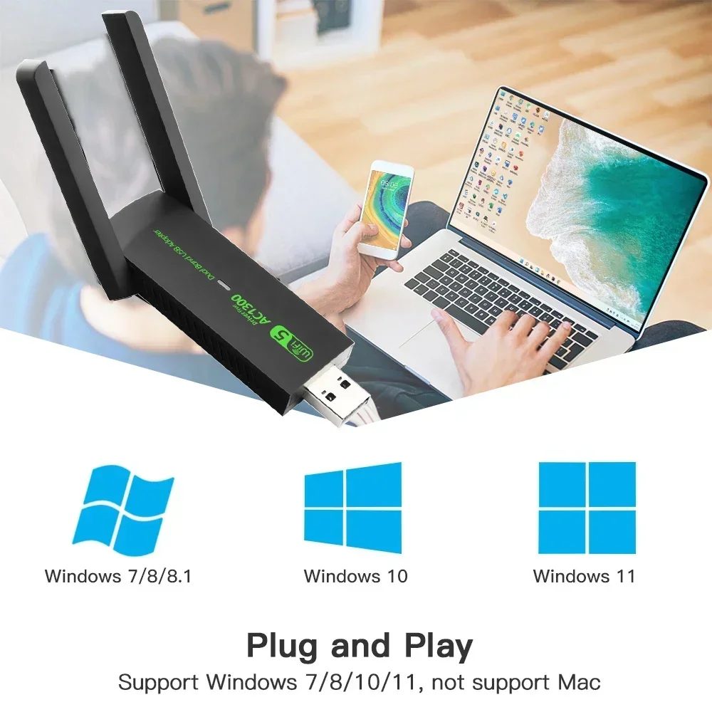 1300Mbps USB WiFi Adapter AC1300 WiFi 5 Ethernet Network Card Dual Band 5G 2.4G USB3.0 WiFi Dongle for PC Laptop Receiver