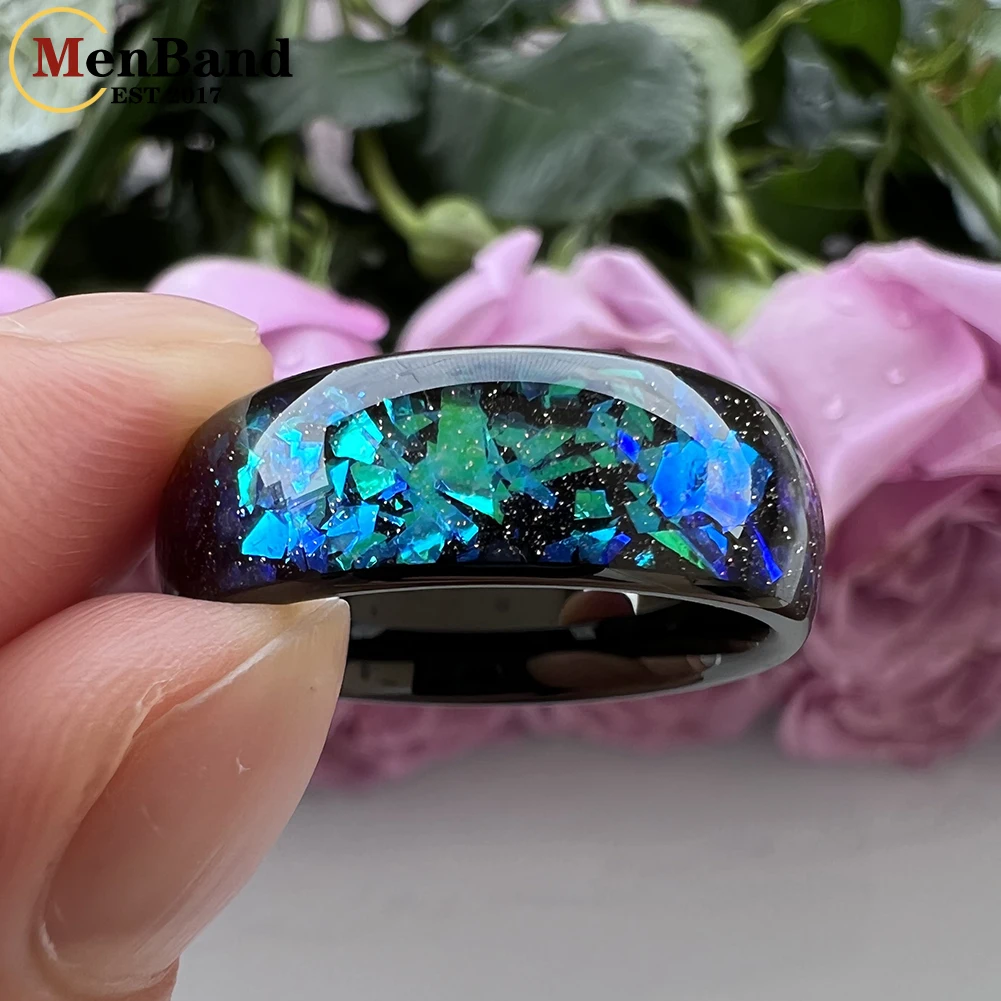 MenBand Fashion New Arrivals 8MM Tungsten Wedding Band Ring Middle Groove Inlaid With Blue Opal Domed Polished Comfort Fit