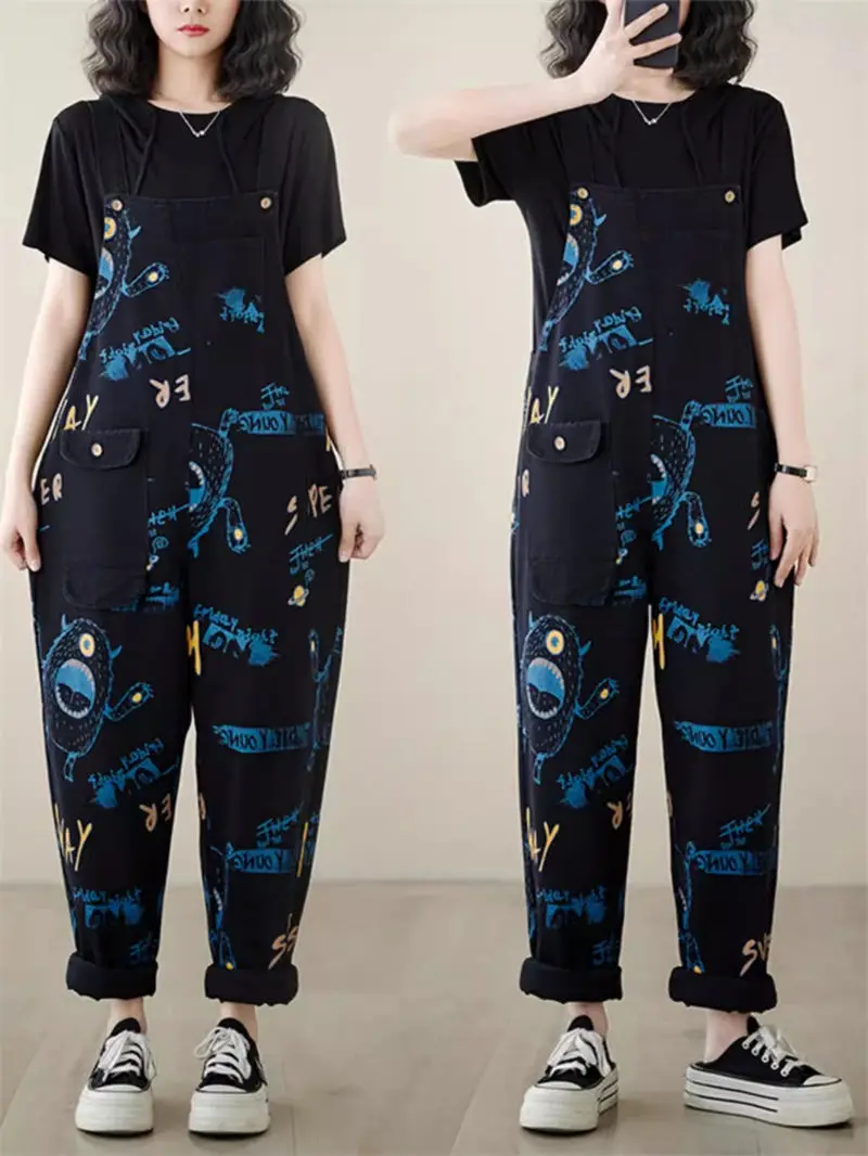 Casual Printed Retro Denim Jumpsuit Jeans Overalls Women 2024 Fashion Spring Summer Temperament Versatile Strap Pants K771 ﻿