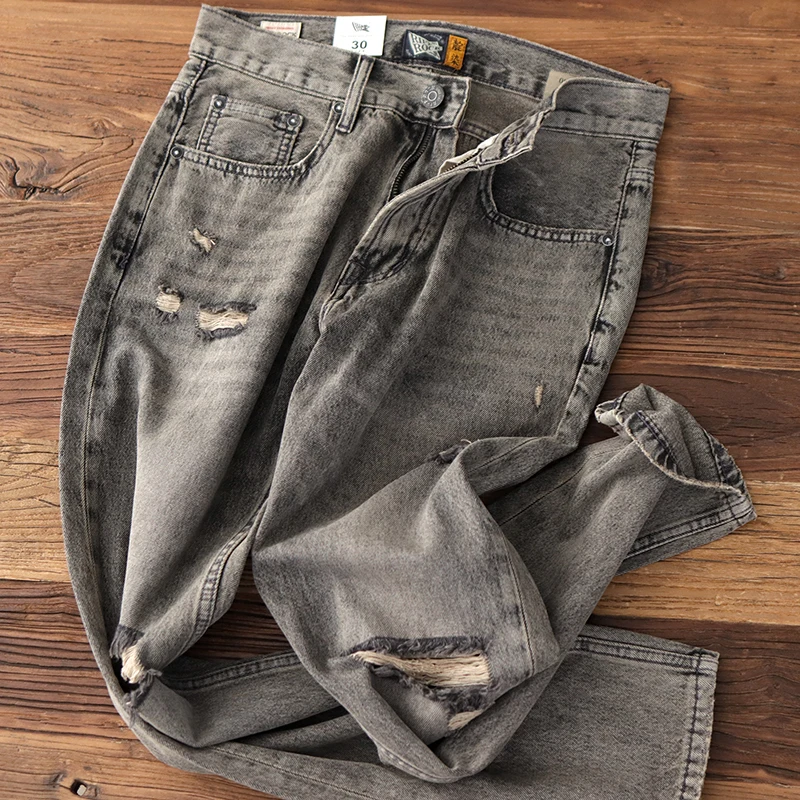 

Vintage American style casual pants Smoke grey wash made old ripped cat beard small straight leg jeans for men