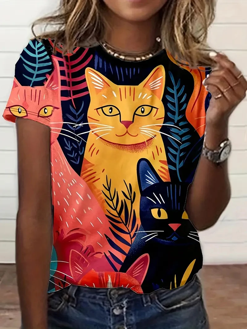 

Funny 3D Cat Print Women's T-Shirts Casual O-neck Short Sleeve Tees Animal Pattern Loose Shirts Summer Female Clothing Girl Tops