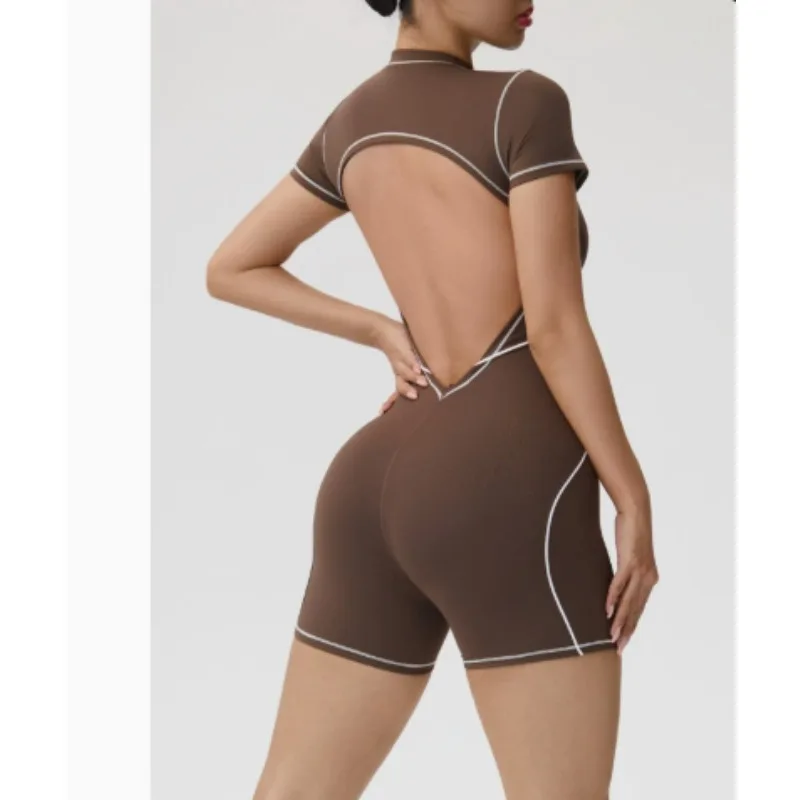 Women Short Sleeve Workout Jumpsuit Backless Zip Up Romper Bottom Shorts Built-in Bra Bodysuit Bodycon Sexy One Piece