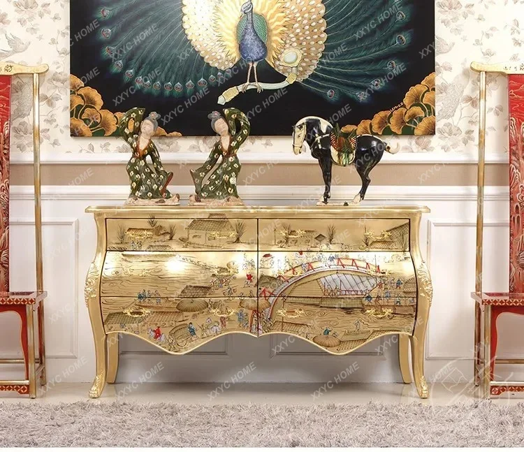 

New Chinese Style Gold Foil Painted Solid Wood Entrance Hall Decoration Furniture Display Cabinet