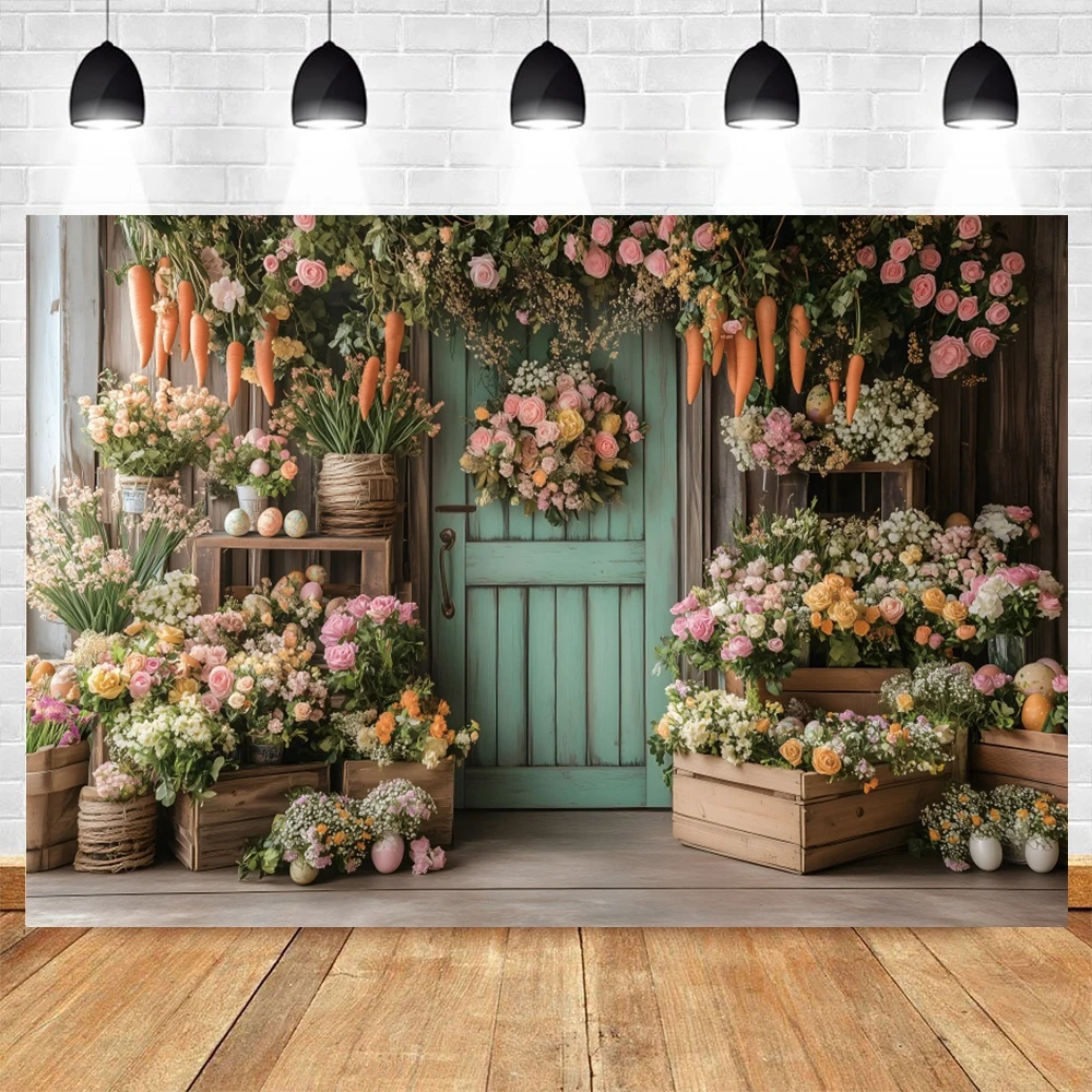 Happy Easter Backdrop Photography Spring Flowers Wood Door Carrot Rabbit Eggs Grass Cabbage Kids Birthday Party Background