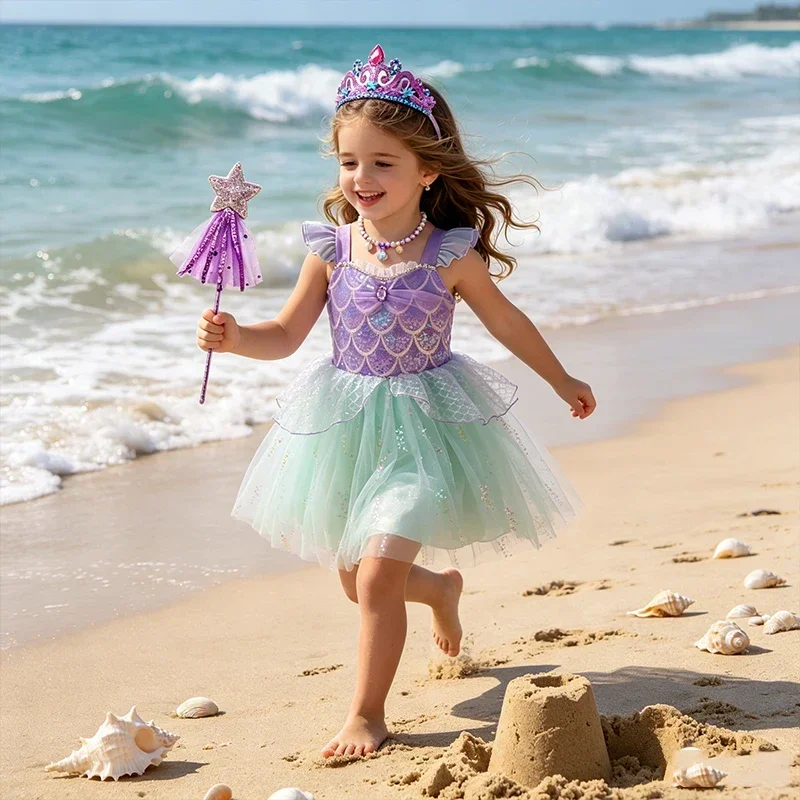 Mädchen Meerjungfrau Prinzessin Kostüm Kleid Lila Grüner Tüllrock Kinder Karneval Geburtstag Halloween Faschingsoutfit – Detail 14