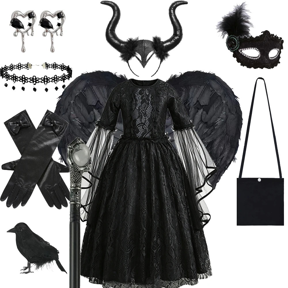 Mädchen Halloween Geisterbraut Cosplay Kostüm Kinder Schwarzes Cosplay Kleid Mädchen Böse Hexe Verkleidung Elegantes Kleid – Detail 9
