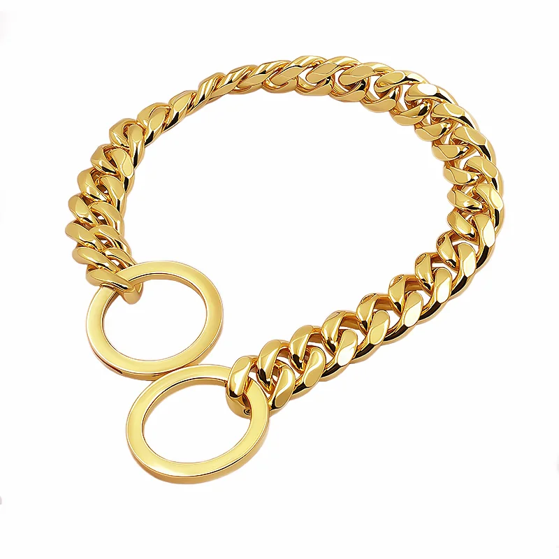 Metal Slip Chain Dog Collar Gold Silver 15MM Width Stainless Steel Pet Chain Collar for Dogs Strong Smooth Training Chain