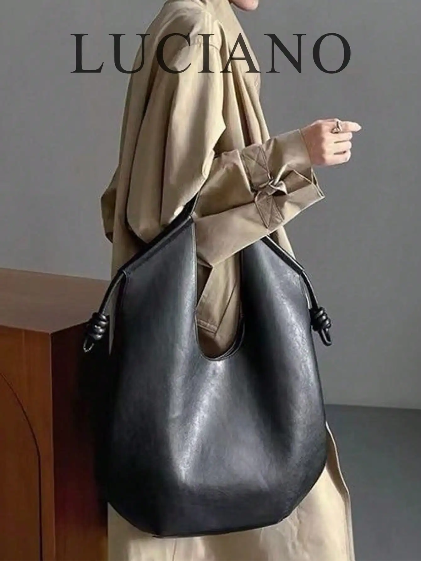 Black PU Leather Korean French Casual Minimalist Style Large Capacity Handbag, Vintage Slouchy Drawstring Shoulder Bag, Multi-Functional Premium Commuter Pleated Shopping Bag, Suitable For Girls, Students, Office Workers For Daily Commute, Shopping