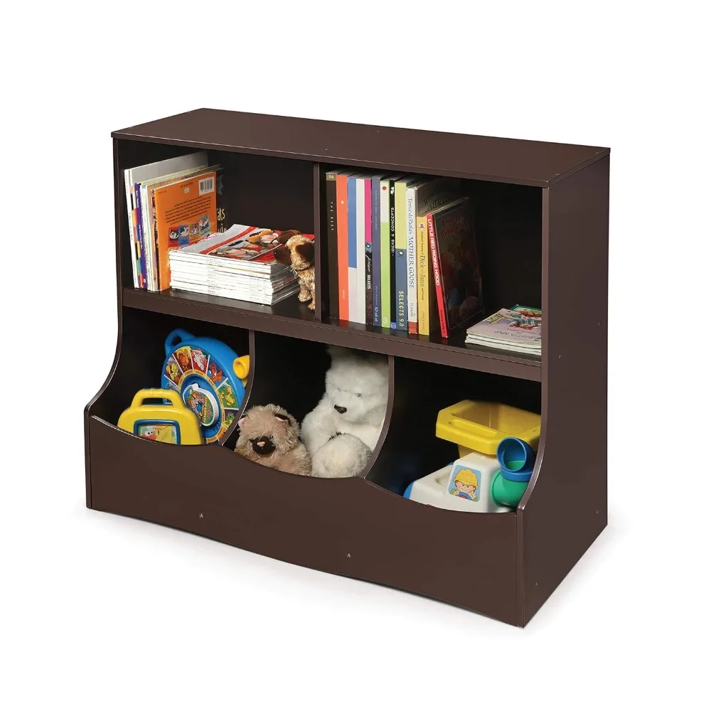 

Kids Toy Storage Organizer with 3 Bins and 2 Shelves - Wooden Cubby Shelf for Playroom or Bedroom in Espresso Finish