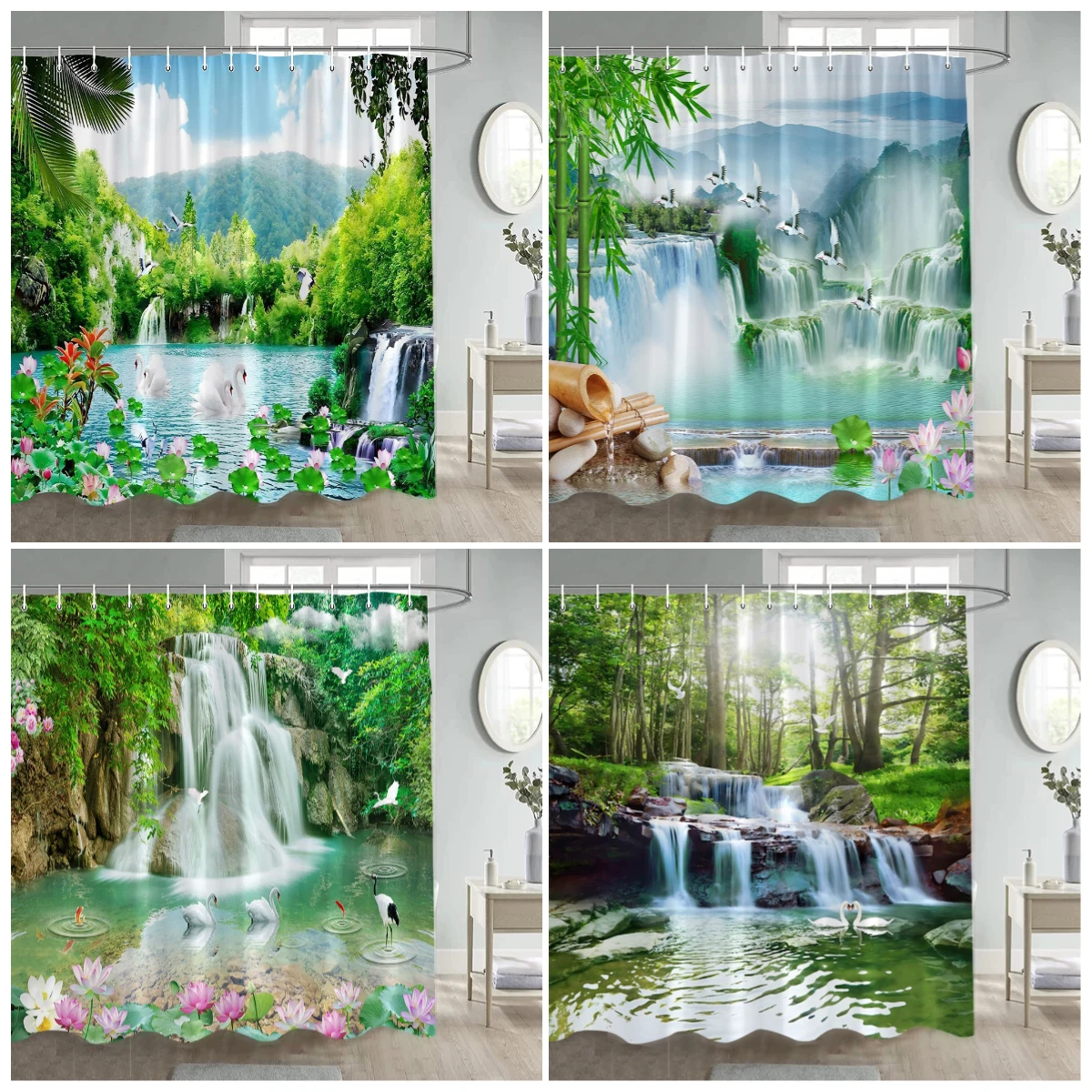 

Rustic Waterfall Landscape Shower Curtains Nature Forest Lake Lotus Swan Chinese Style Bathroom Curtain Home Decor with Hooks