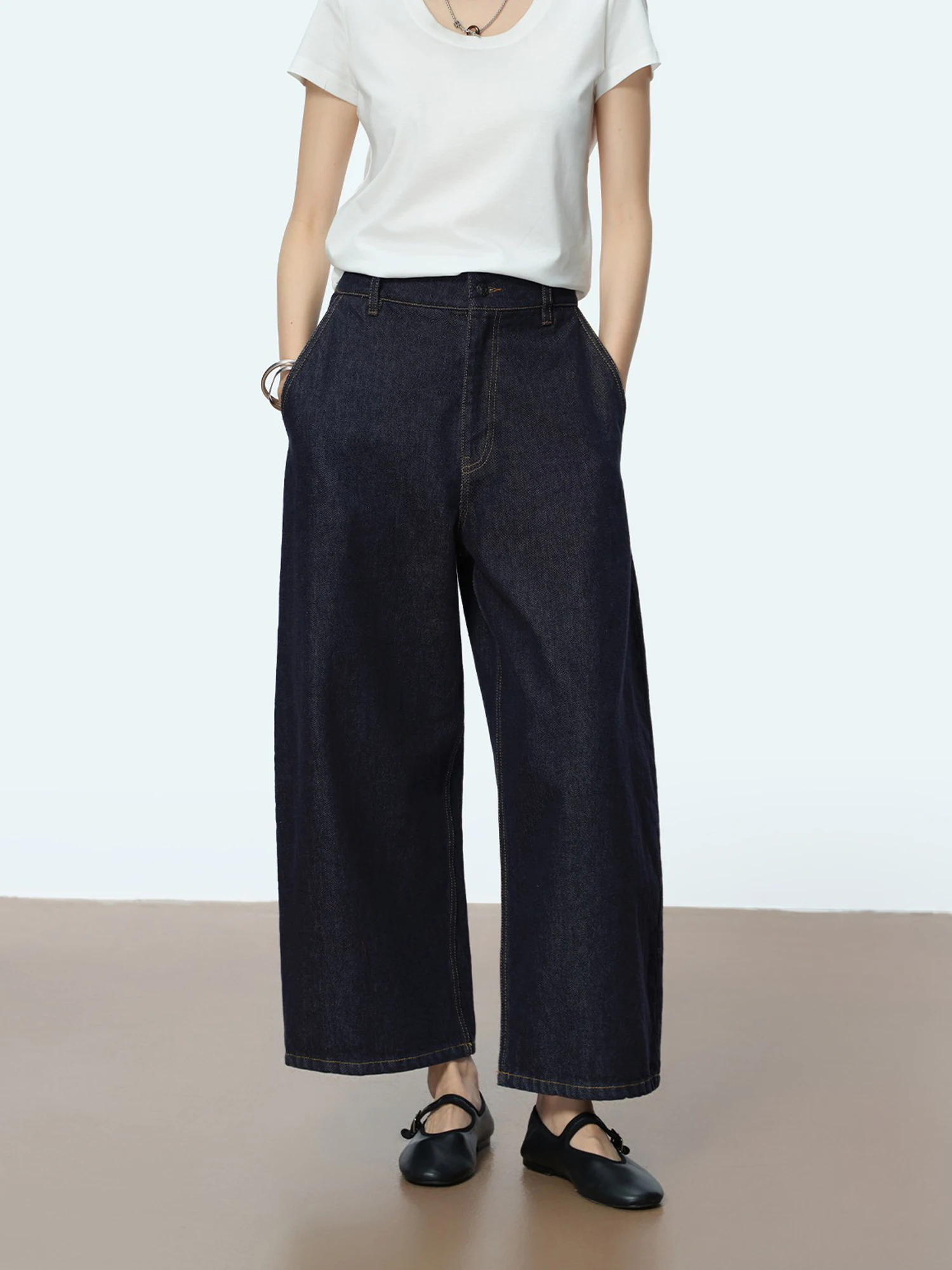 

Spring Summer 00% Cotton Skin-friendly Wide-leg andmother Pants 9-length Women's Jeans Casual Comfortable Mid-rise Waist