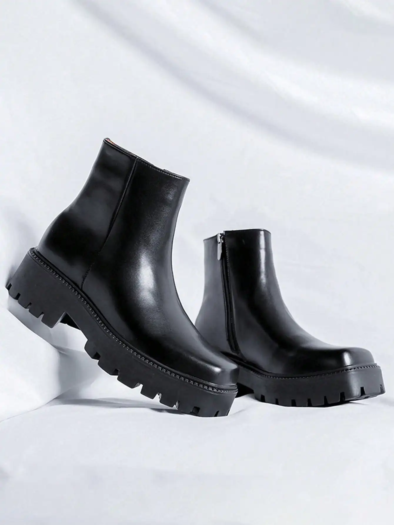 Men's Square-Toe Thick-Soled Chelsea Boots with Side Zipper