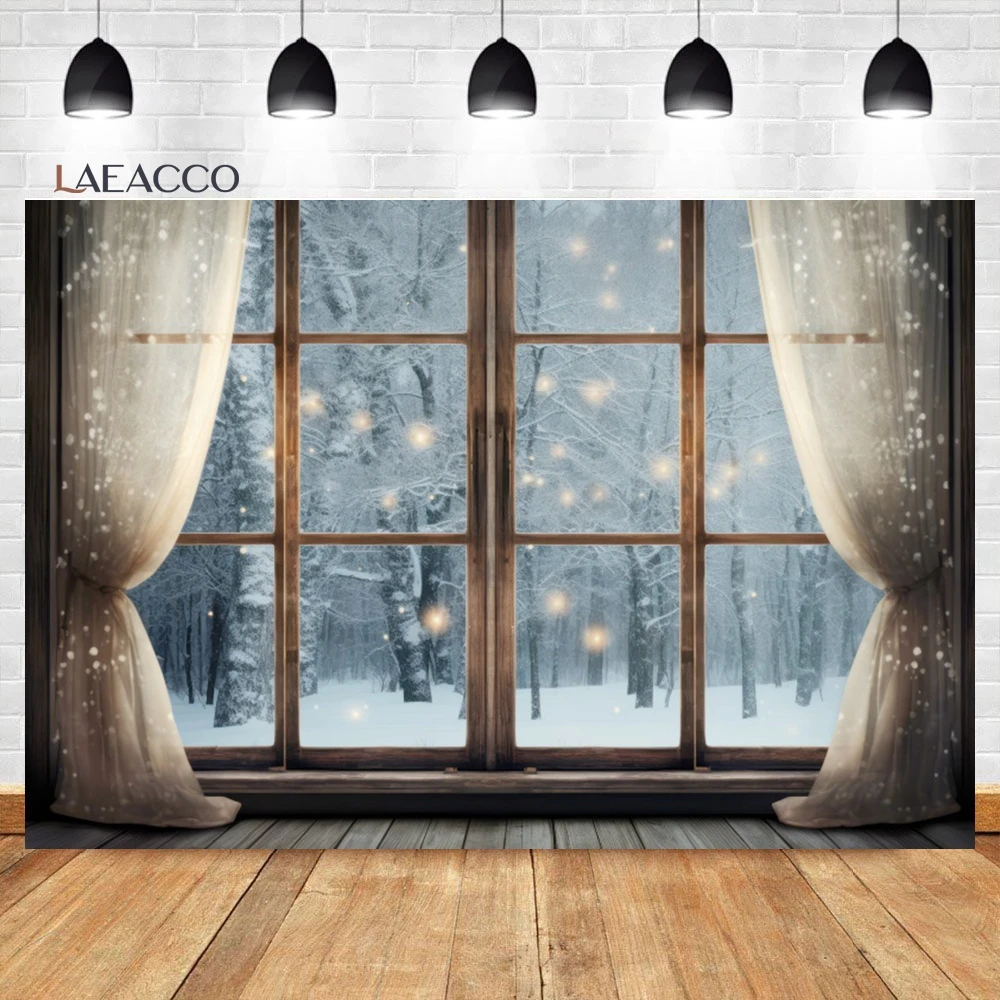 Laeacco Christmas Window Backdrop Winter Snow Scene Xmas Tree Red Curtain Gifts Kids Birthday Portrait Photography Background