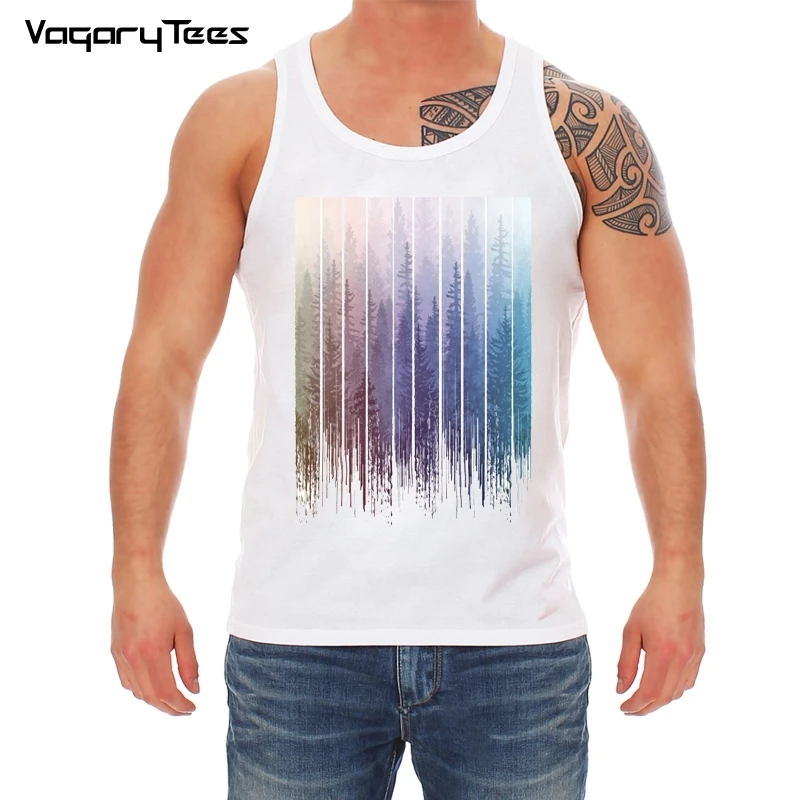 New Arrival Fashion Grunge Dripping Turquoise Misty Forest Print Men Tank top Tops Hipster Vest