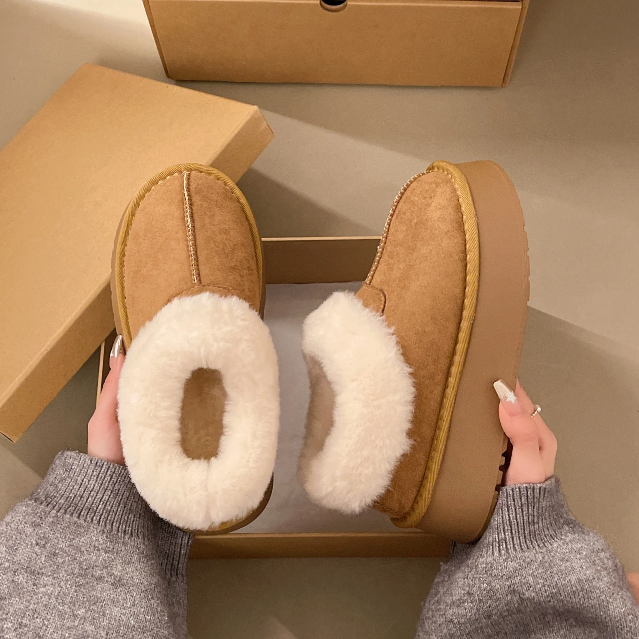 Women's All Inclusive Cotton Slippers Plush Autumn and Winter Outdoor Wear Thick Soled Indoor Snow Boots with Plush Cotton Shoes