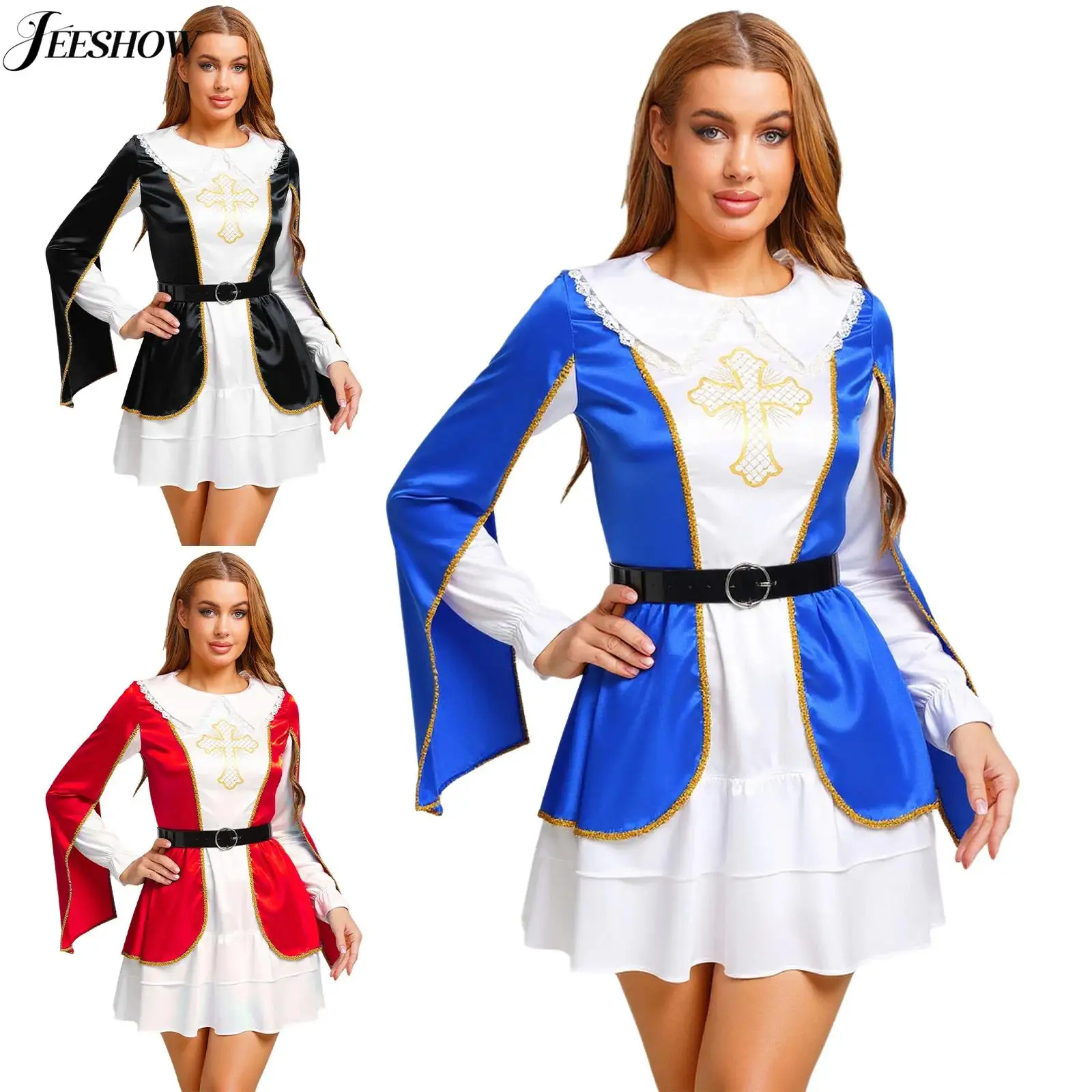 Disfraz de mosquetero para mujer, vestido con dobladillo escalonado superpuesto de manga larga de Color contrastante con cinturón, trajes de disfraz de soldado