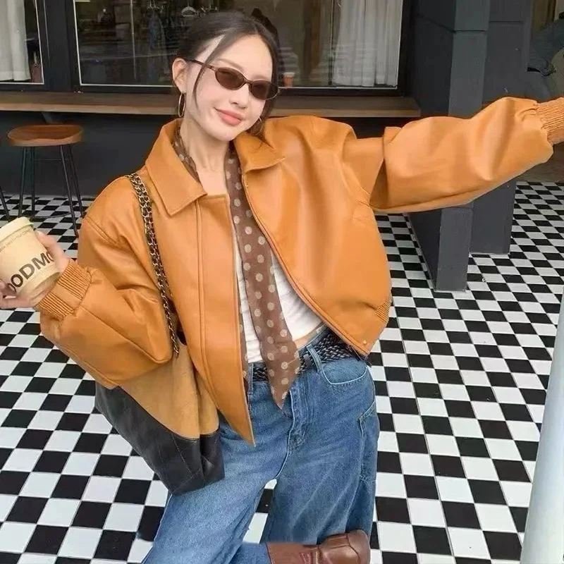 

2025 Women Internet Celebrity's Stylish White And Orange Leather Jacket Women Autumn Korean Version Loose And Slim Waist Jacket