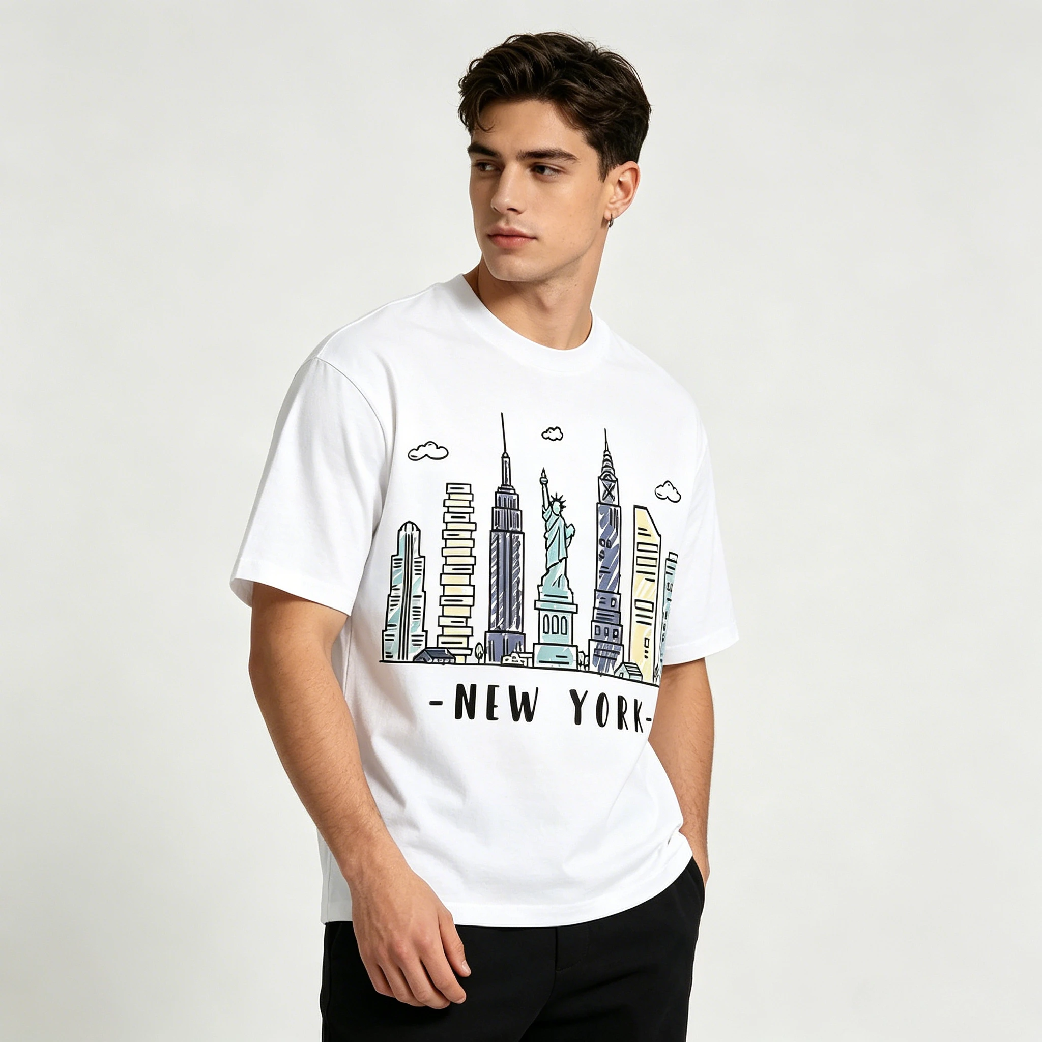 カジュアルなラウンドネックのニューヨーク春夏柄半袖Tシャツ、 - Street Style New York Fashion のレビューと価格