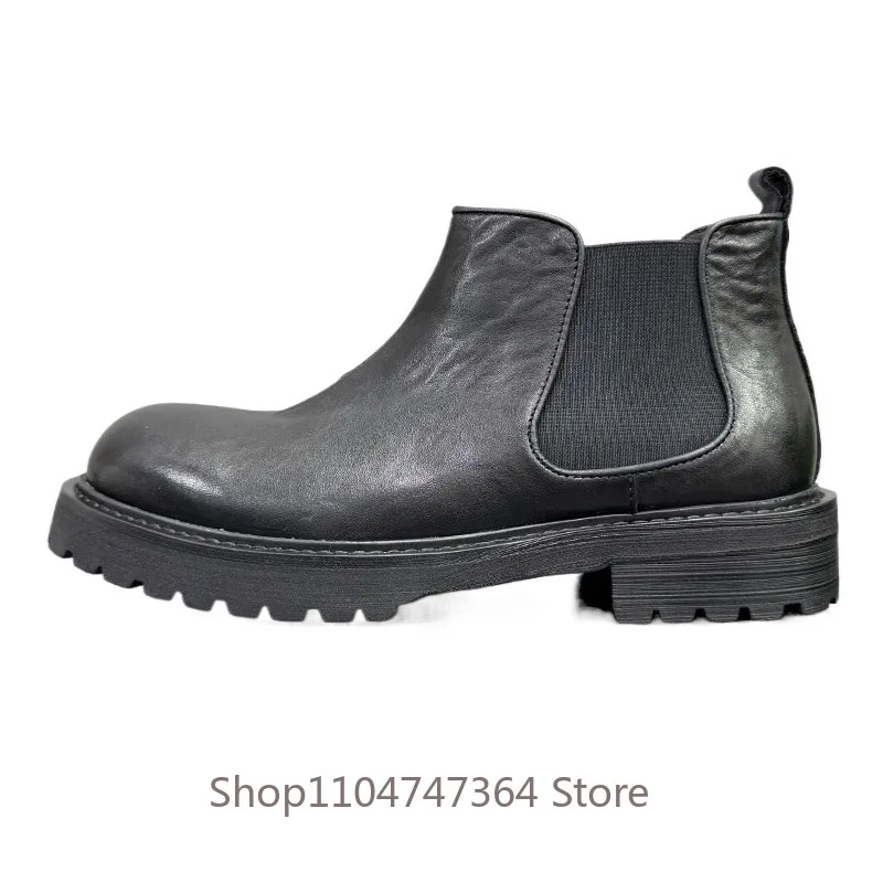 American Style Chelsea Boots Men's Genuine Leather  Thick Sole Slip on Elastic Side Round Toe Casual Work Shoes Male Ankle Boots
