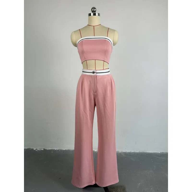 New Style Women's Clothing Sexy Sports Vest Strapless Color Blocking High-Waisted Wide-Leg Trousers Casual Suit