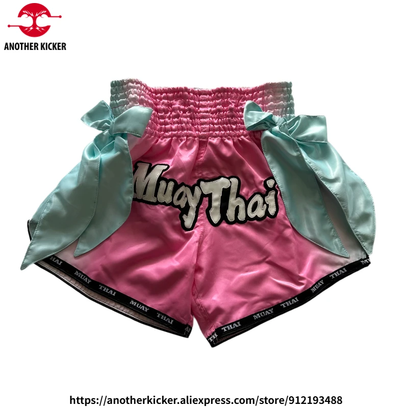 

Thai Boxing Shorts Pink Bow Ribbons Muay Thai Shorts Men Women Kids Kickboxing Pants Gym Sparring Wrestling MMA Clothes Custom