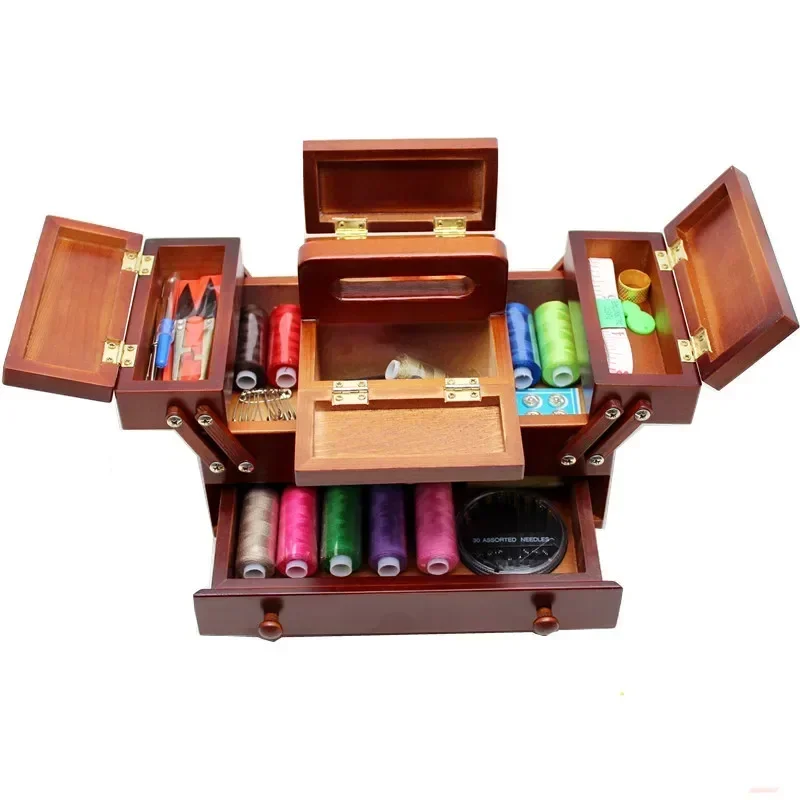 Natural wood sewing box Polyester Sewing thread Needlework Knitting Patch Organizer Storage box sewing case with accessories