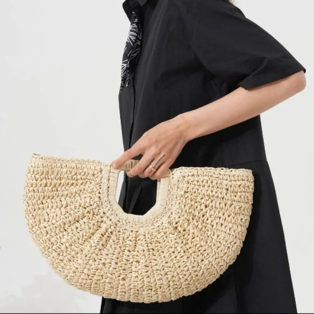 

Модная большая вместительная соломенная сумка из лафита, тканая сумка ручной работы в форме полумесяца, морская сумка, плетеная большая сумка на запястье, пляжная сумка