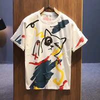 Graffiti Men's 100℅ Cotton T-shirt Break Hole Tops O Neck Male Tees Shirts Katoen Elastic Chic Luxury High Quality Fashion Funny