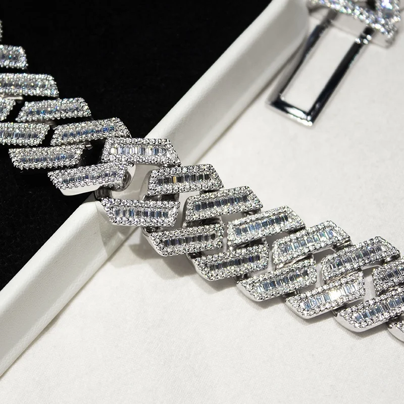 20MM Hip Hop Jewelry 925 Sterling Silver Gold Plated baguette Cuban Chain Moissanite Cuban link Chain Necklace image 6