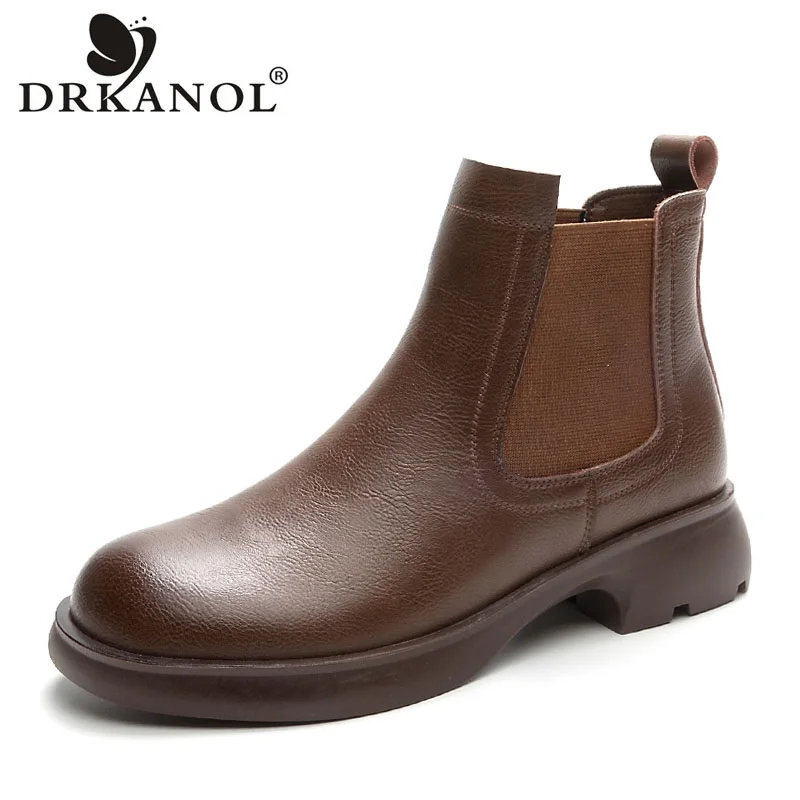 DRKANOL Fashion Women Thick Heel Ankle Boots Autumn Winter Warm Shoes Round Toe Real Cowhide British Style Slip On Chimney Boots