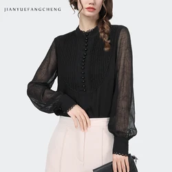 Ladies Beaded Black Chiffon Blouse See through Lantern Sleeve Mesh Tops Loose-fitting Stand Collar Vintage Pull On Shirts