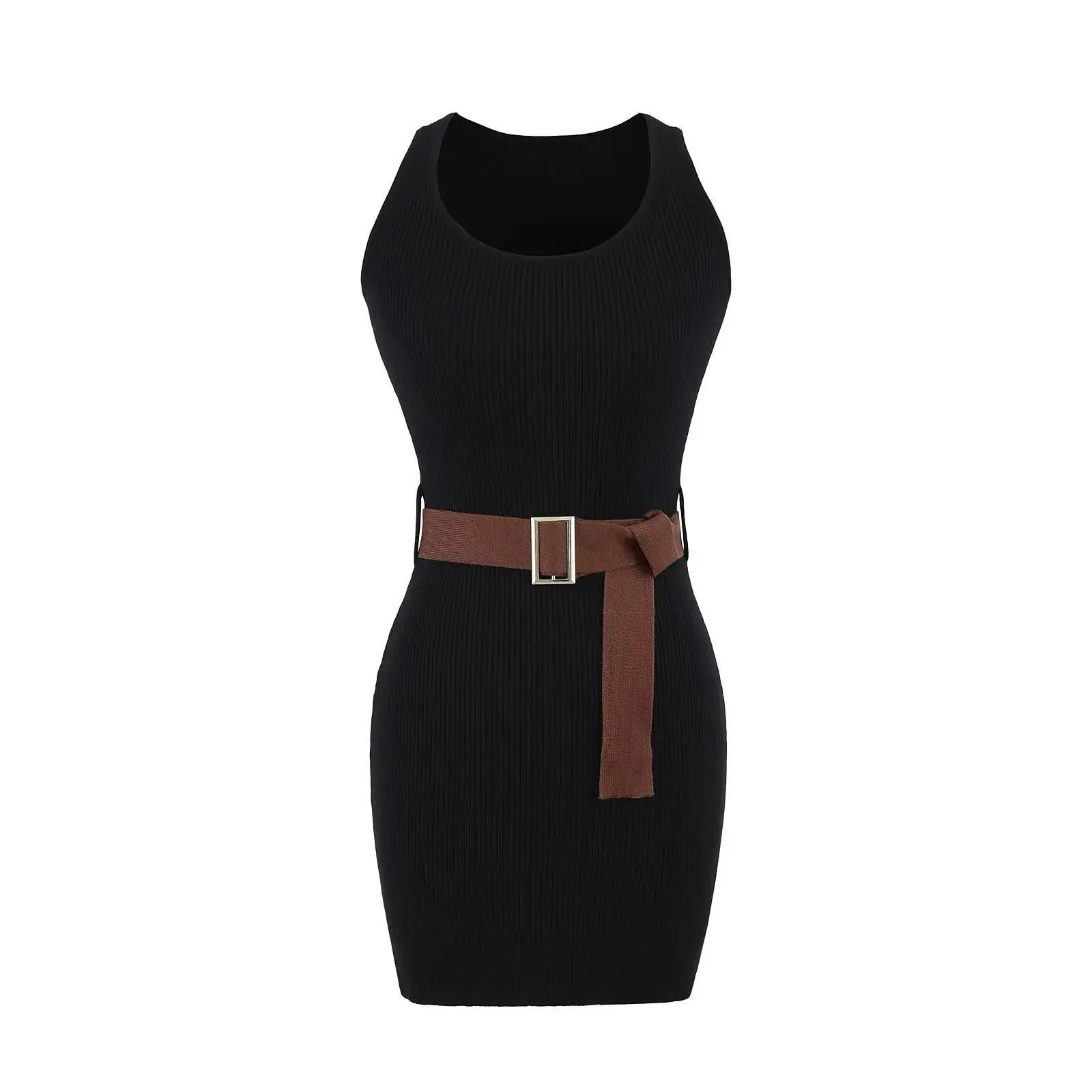 Sommer gestricktes ärmelloses elastisches dünnes Kleid Damen Schwarz Beige Minikleider mit Gürtel