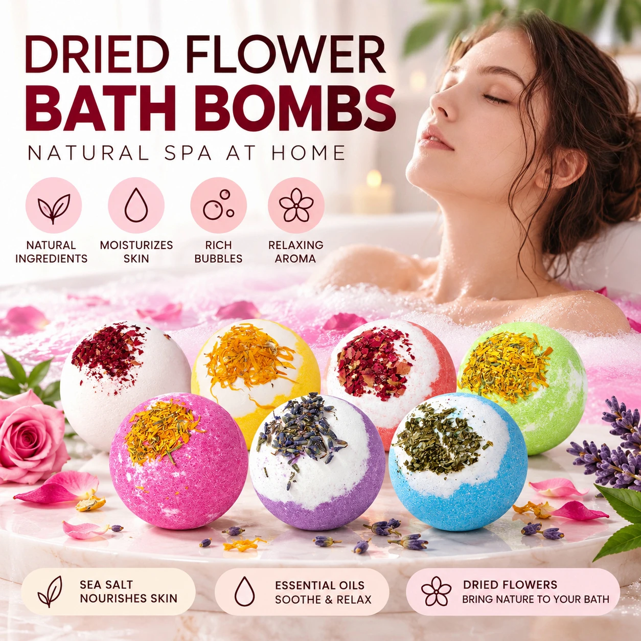 Bath Salts, Dried Flowers Rose Extract Essential Oils Moisturizing Fizzy Bubble Bath Salts for Dry Skin Spa Relaxation Self Care
