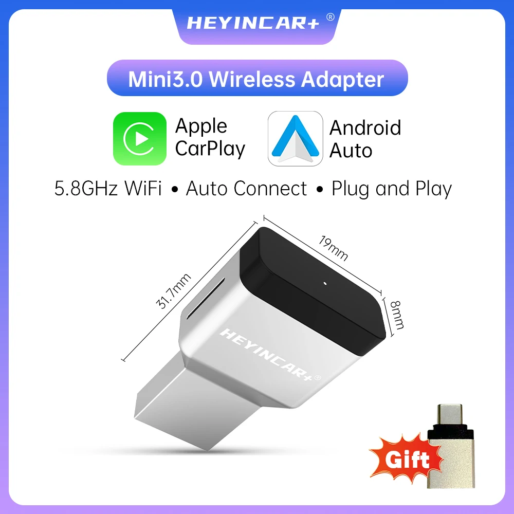 

HEYINCAR 3.0 Mini Wireless Carplay Android Auto 2in1 Adapter Auto Connect Plug&Play 5.8GHz WIFI For Wire Carplay&Android Auto