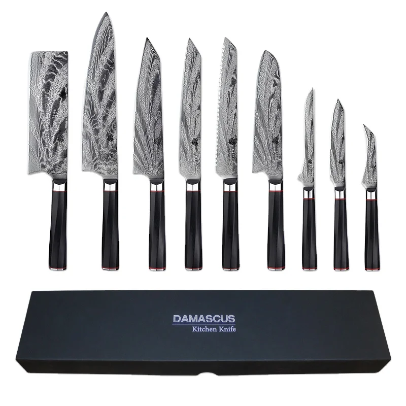 

9 Pcs Damascus Kitchen Knives Set G10 73Layer Chef Sankotu Cleaver Bone Utility Paring Knife with Giftbox