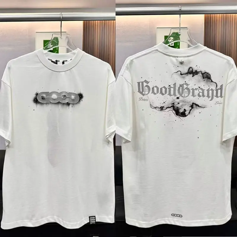 Silvery Letter Hotfix Rhinestone Nebula GOODBRAND Tshirts Black White Round Neck Short Sleeve Tops Men Women Breathable Tees