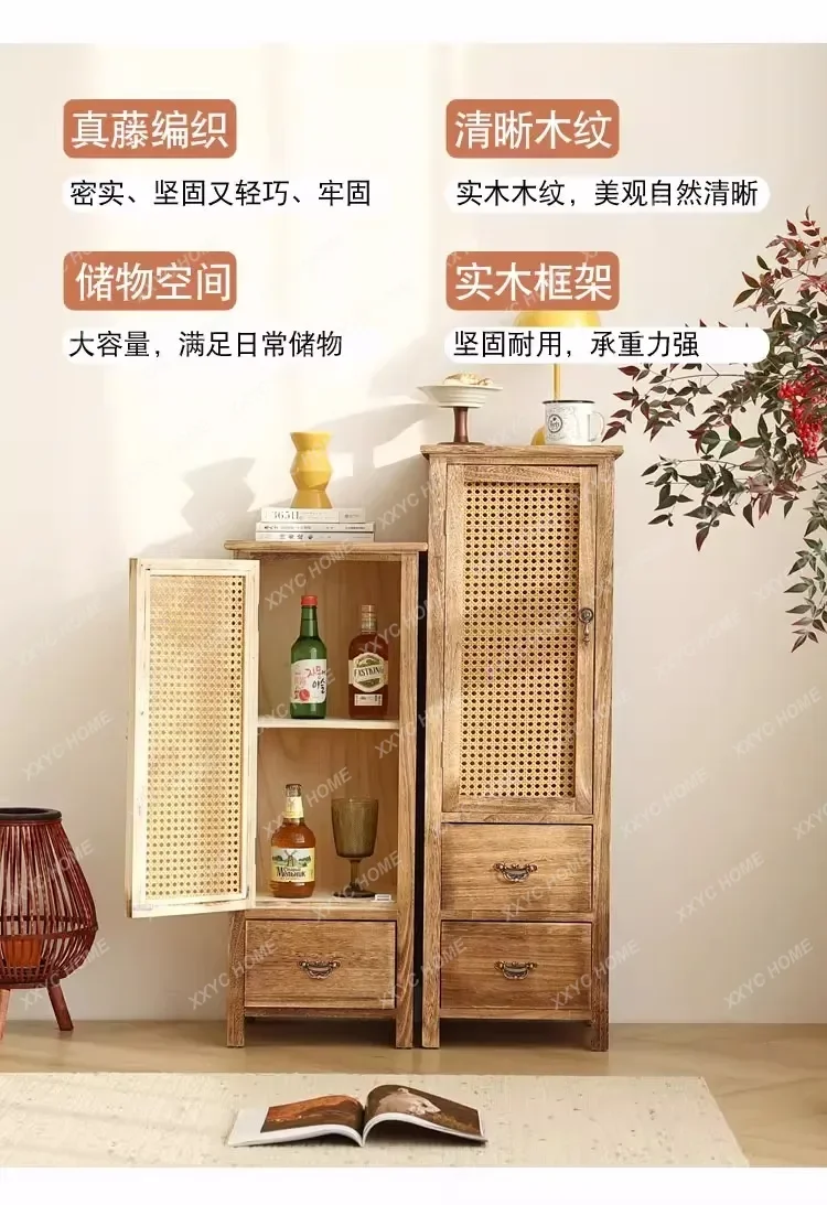 MMJ Pastoral Rattan Chest Cabinet With Door Against The Wall, Narrow Cabinet, Locker, Living Room Seam Stand Small Apartment Sof