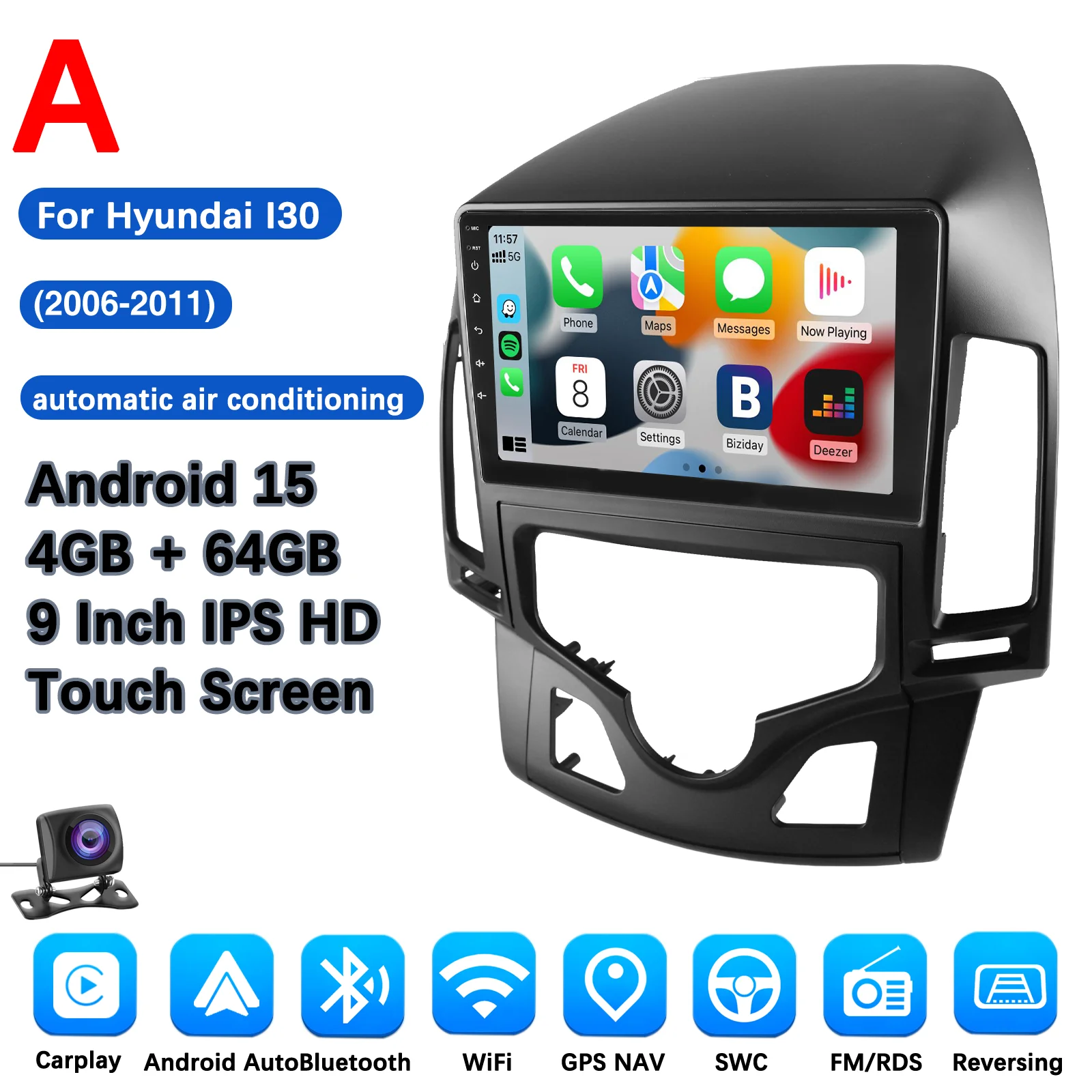 MOPECT 4+64GB Android 15 autoradio voor Hyundai I30 AT/MT 2006-2011 multimediaspeler GPS 2DIN autostereo draadloze CarPlay FM/AM