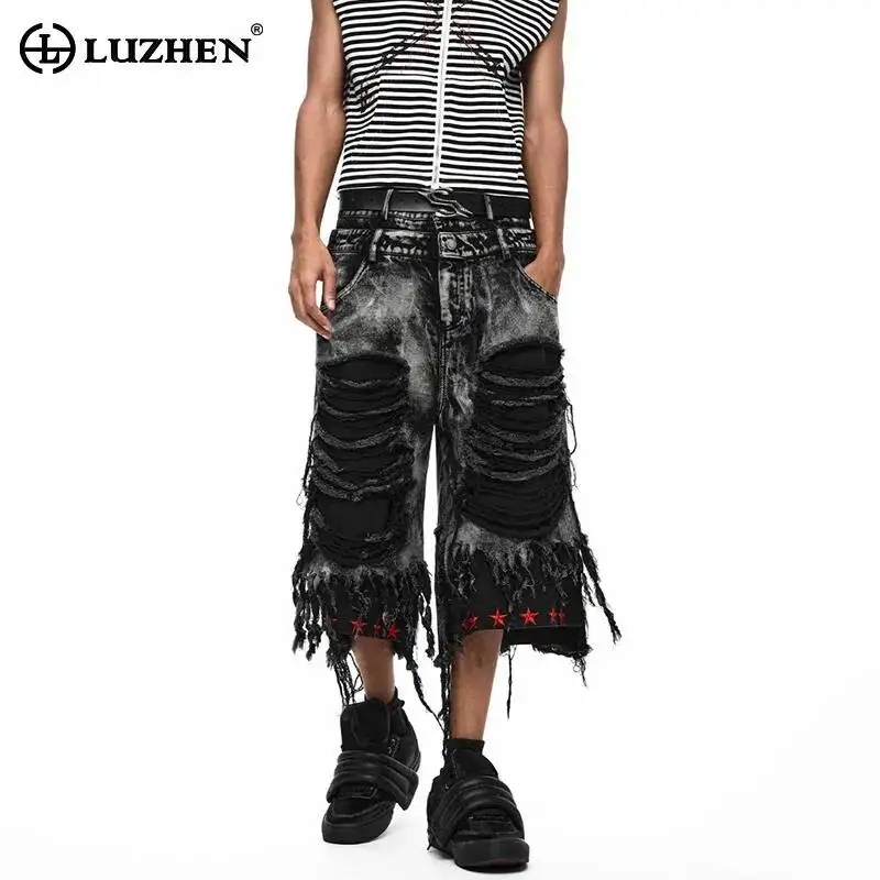 

LUZHEN 2026 Summer New Original Wornout Broken Hole Tassel Design Straight Cropped Trousers Men's Trendy Streetwear Jeans JY6506