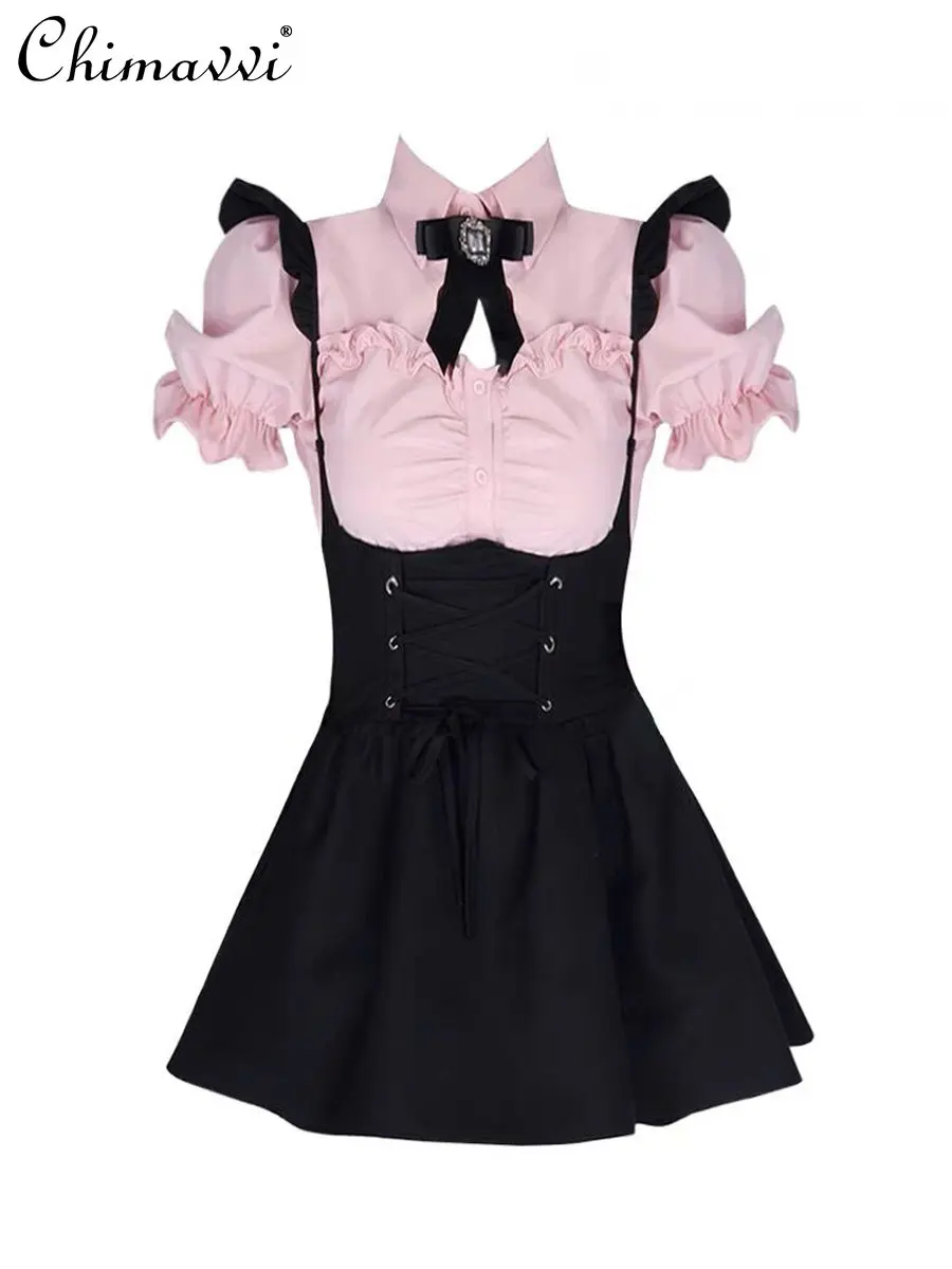 

Preppy Style Suit Female Sweet Girl Pink Puff Sleeve Shirt Black Strap Suspender Skirt 2023 Summer New Temperament Twinset