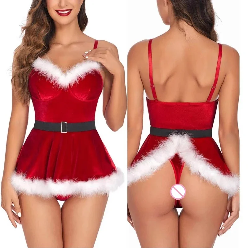 Kerstman kostuum kerstoutfits voor dames rode sexy kerstjurk fluwelen kerstman kostuum kerst babydoll harig