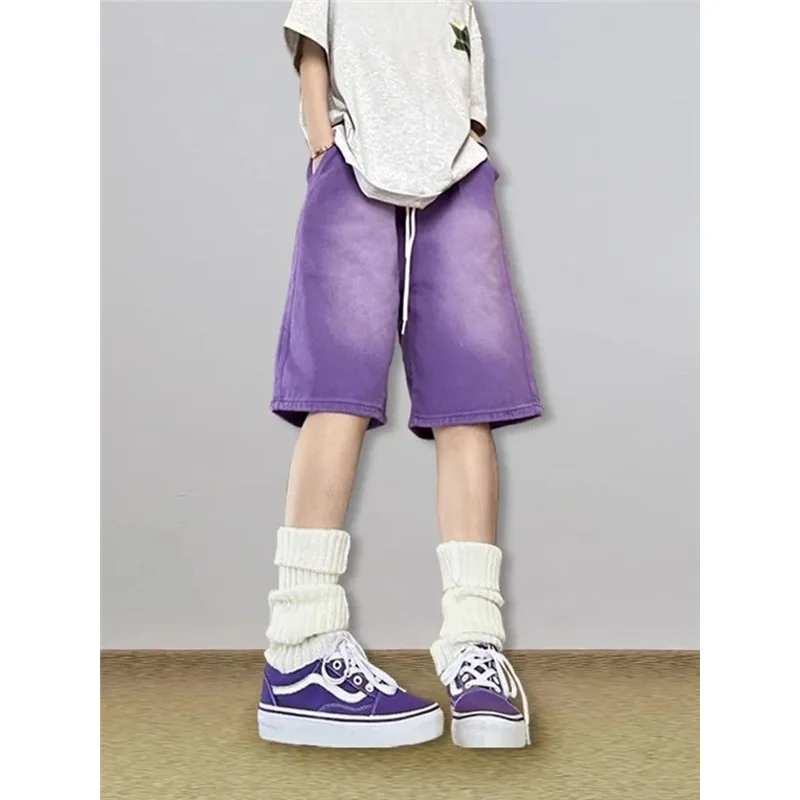 

Women's Shorts Jeans Purple High Waist Straight Pants Streetwear Harajuku Y2K Vintage Female Wide Leg Denim Five Points Trouser