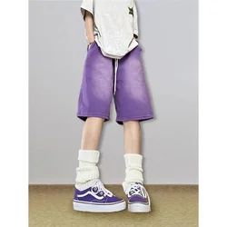 Women's Shorts Jeans Purple High Waist Straight Pants Streetwear Harajuku Y2K Vintage Female Wide Leg Denim Five Points Trouser