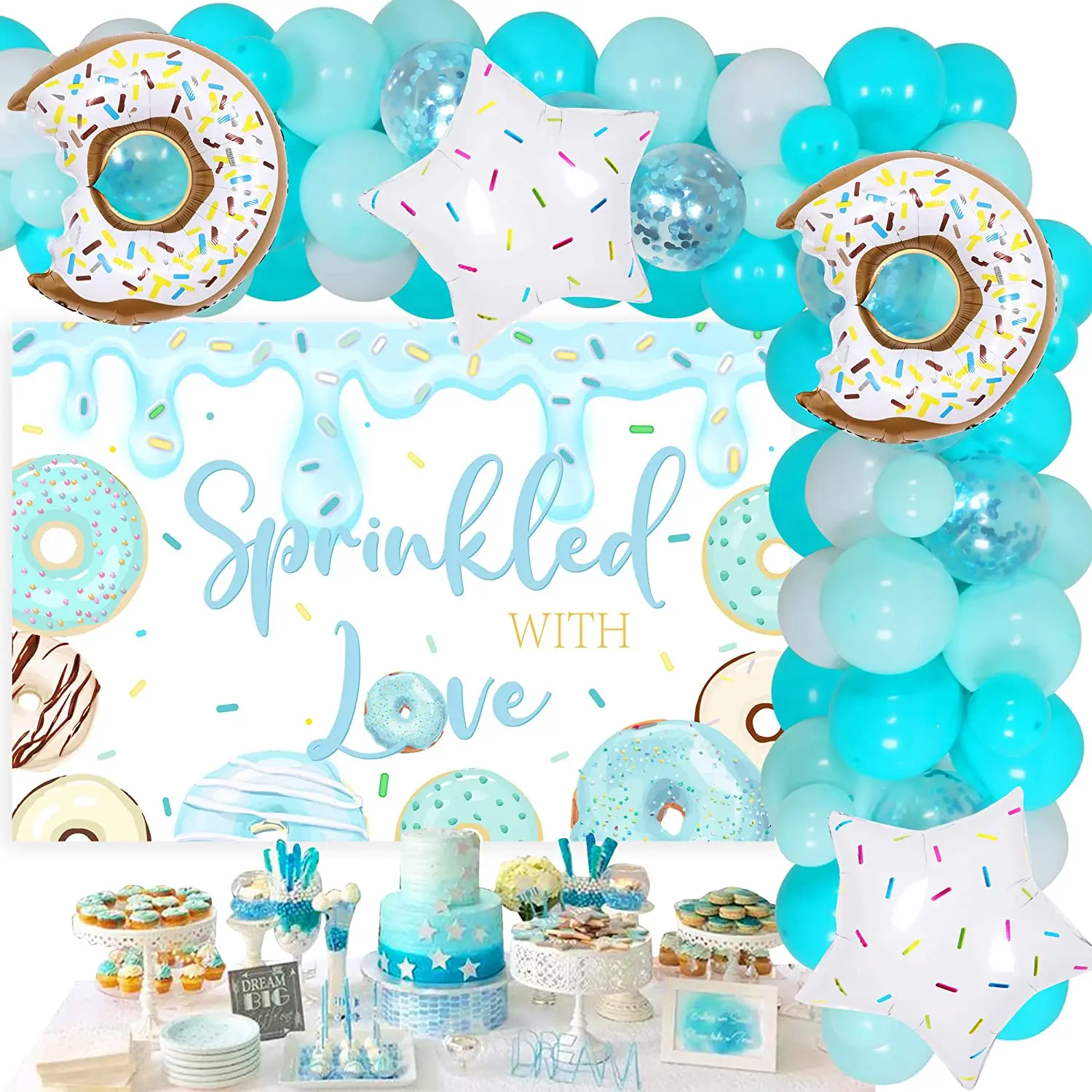 

Funmemoir Blue Donut Baby Shower Decorations Sprinkled with Love Backdrop Baby Sprinkle Balloon Garland Kit for Boy Baby Shower