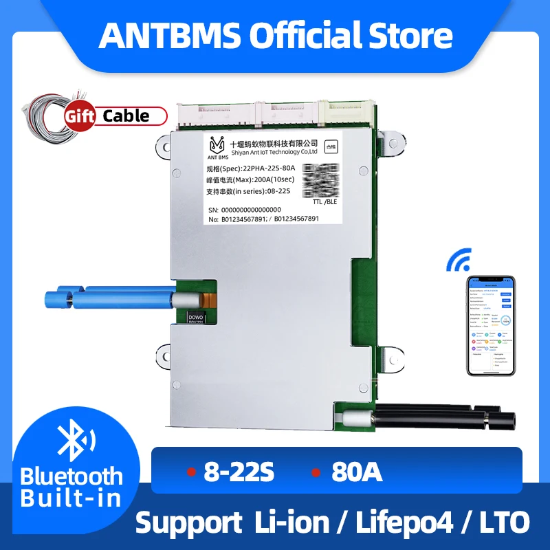 

ANT Smart BMS 8S-22S 9S 10S 11S 12S 13S 15S 16S 17S 18S 19S 20S 80A peak 200A 48V Bluetooth APP LiFePo4 Li-ion LTO Battery PCM