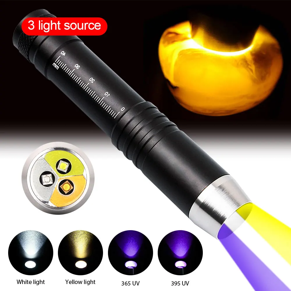 White light + yellow light + 365/395nm ultraviolet flashlight 3 color jade identification flashlight