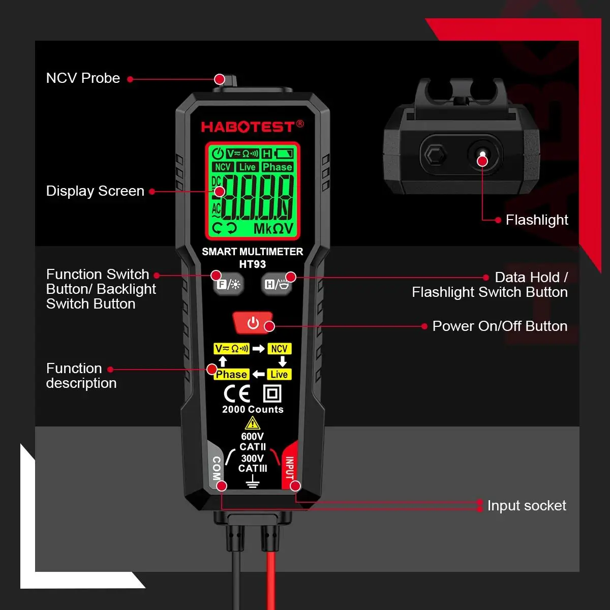 HABOTEST HT93 Digitales Multimeter Spannungsprüfer 2000 Messungen AC/DC Voltmeter True RMS NCV Phasentest Auto-Range Multimeter – Detail 6