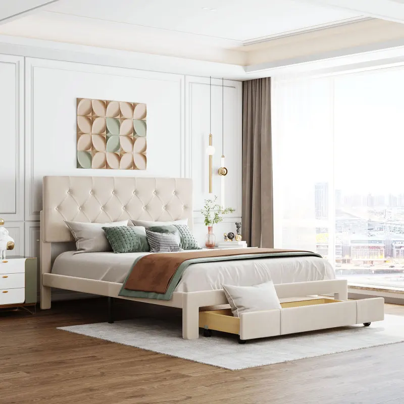 Beige Queen Size Storage Bed Velvet Upholstered Platform Bed with a Big Drawer For indoor bedroom furniture
